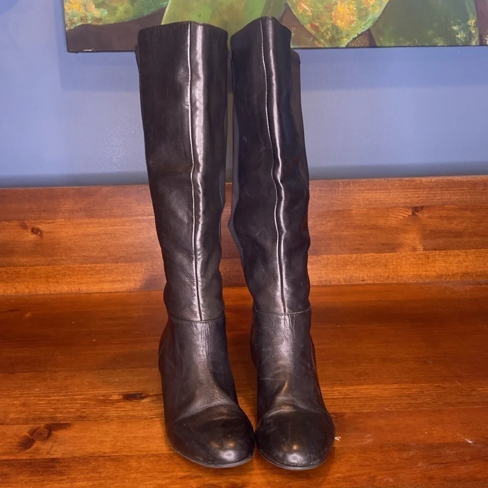 BCBG black leather & fabric tall knee high hidden wedge boots black size 10
